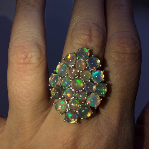 Large opal cluster and sterling ring sz 7